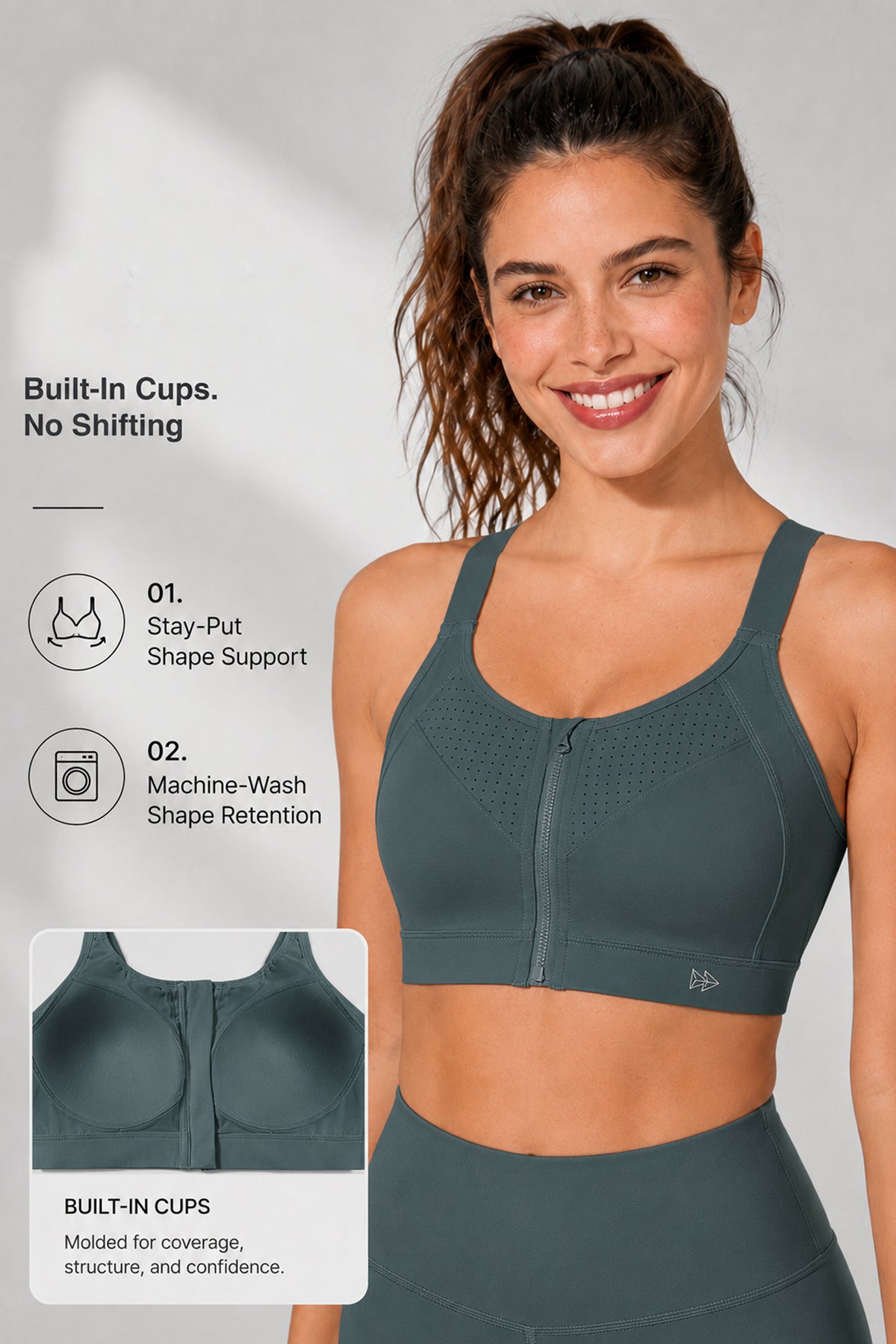Power Zip Verstellbare Träger Gepolsterter Lauf-BH | Damen Sport-BH mit starkem Halt