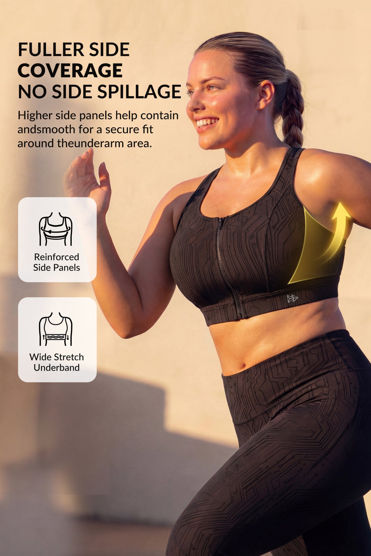 Sujetador deportivo de running con estampado de rayas y cremallera frontal Power Zip | Sujetador deportivo de alta sujeción para mujer