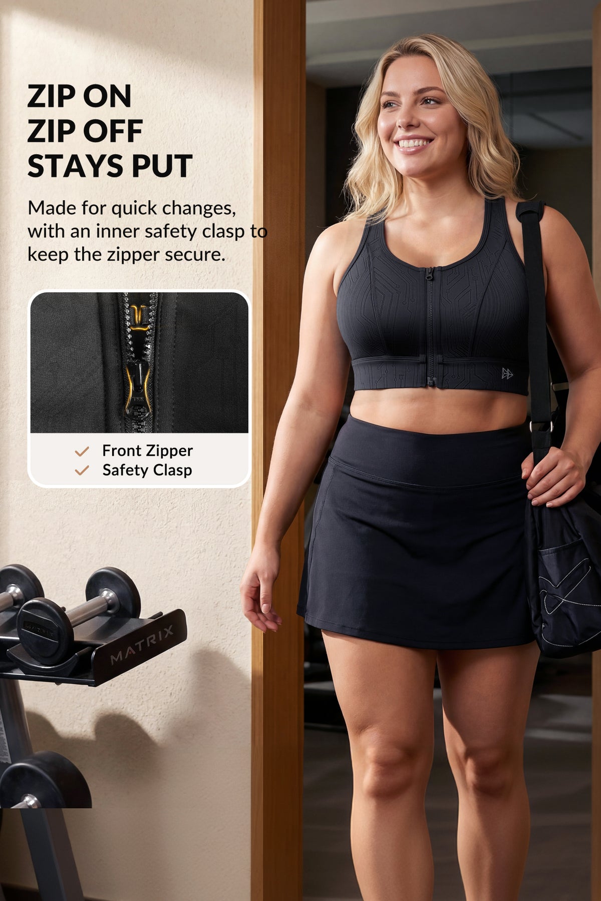 Sujetador deportivo de running con estampado de rayas y cremallera frontal Power Zip | Sujetador deportivo de alta sujeción para mujer