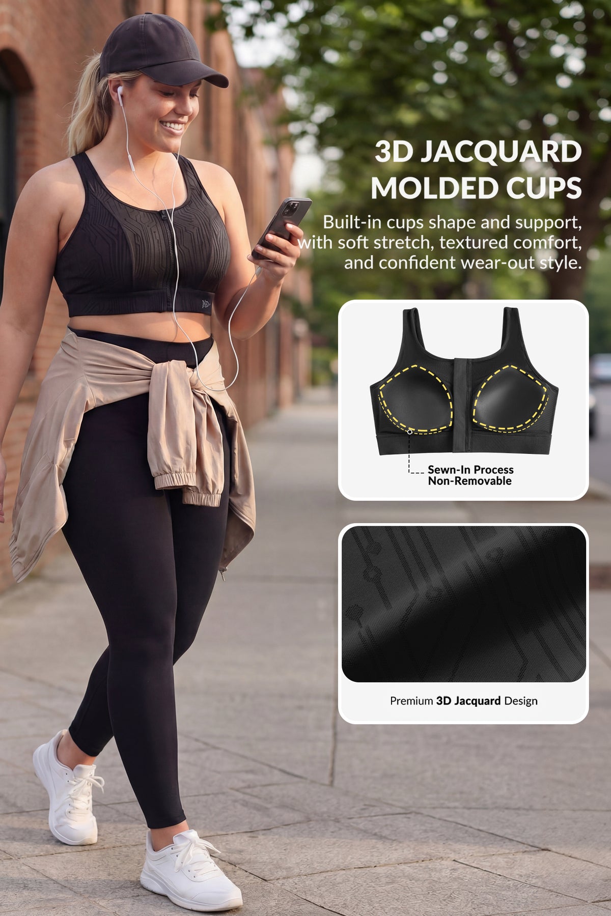 Sujetador deportivo de running con estampado de rayas y cremallera frontal Power Zip | Sujetador deportivo de alta sujeción para mujer