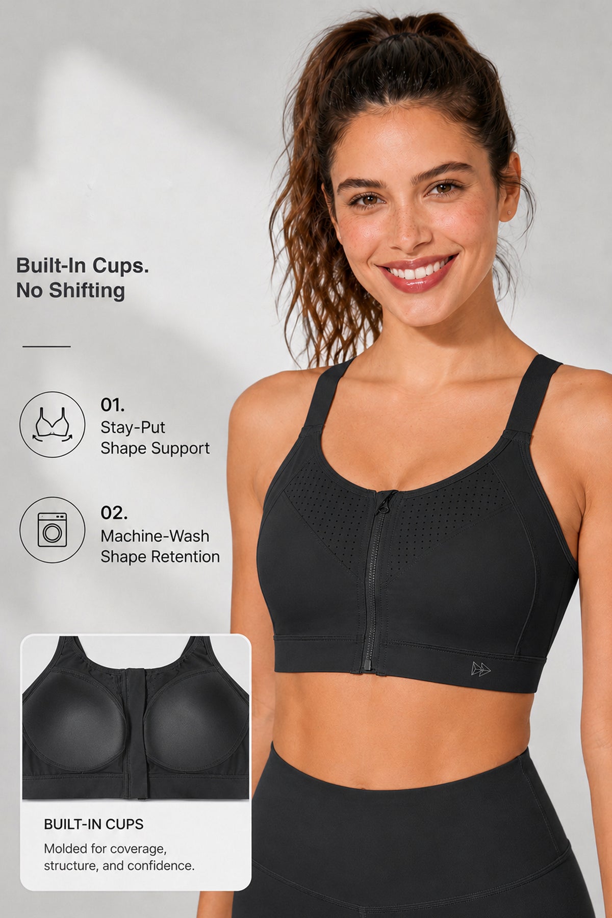 Sujetador para correr acolchado con correas ajustables Power Zip | Sujetador deportivo de alta sujeción para mujer