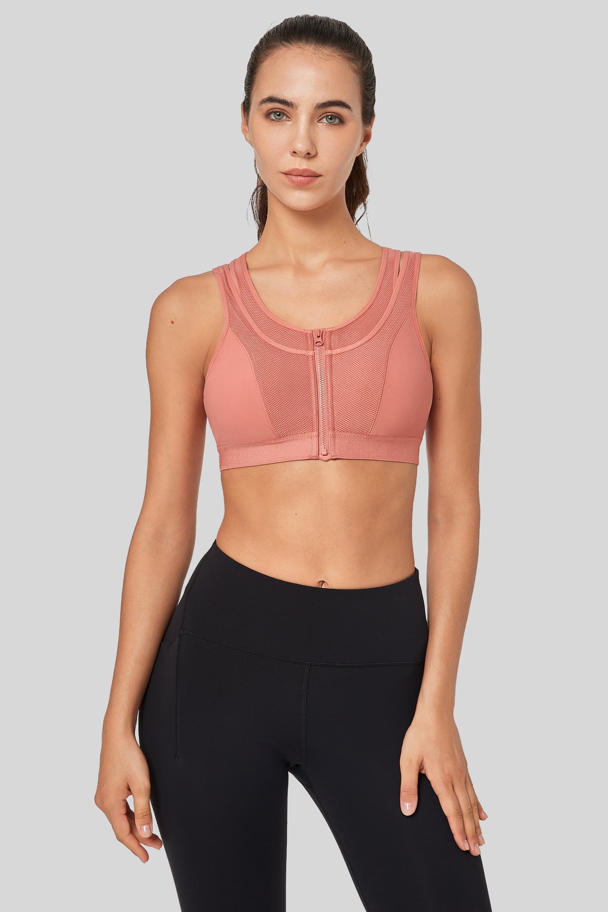 Enfold™ Zip Mesh Racerback Padded Running Bra | Women's High Support Sports Bra