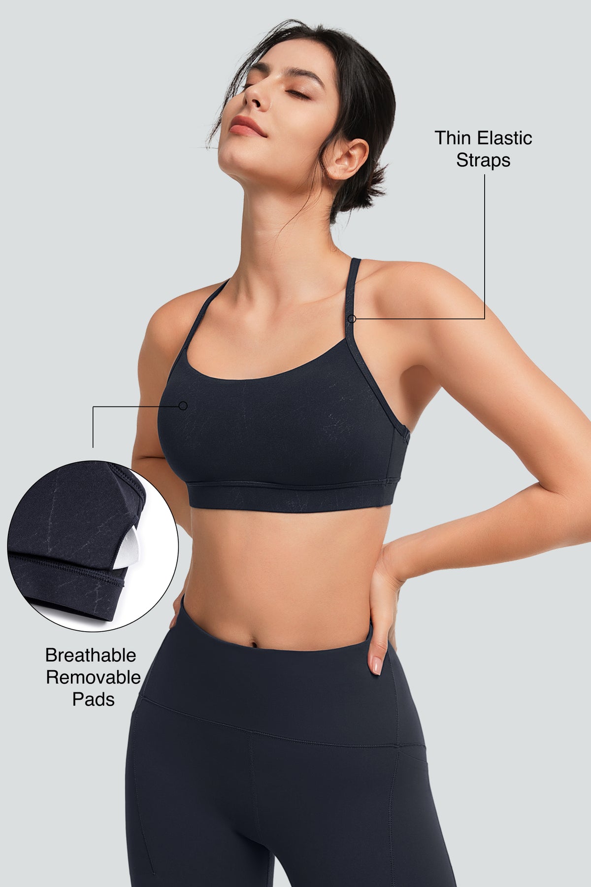 Sujetador de yoga con relleno y tirantes y escote redondo para mujer | Sujetador deportivo de sujeción ligera