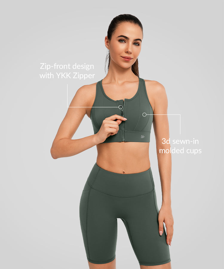 Echo™ Front Zip Perforated Solid Padded Running Bra | Women's High Support Sports Bra