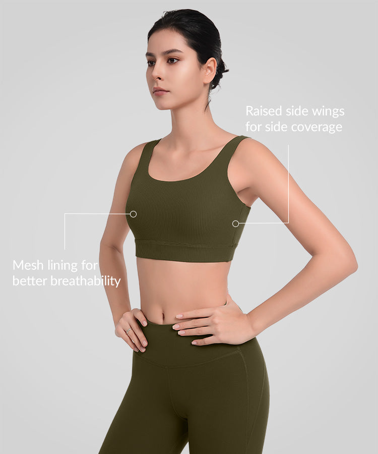 Gerippter Shift-Yoga-BH mit tiefem U-Rücken und Polsterung | Leicht stützender Sport-BH für Damen