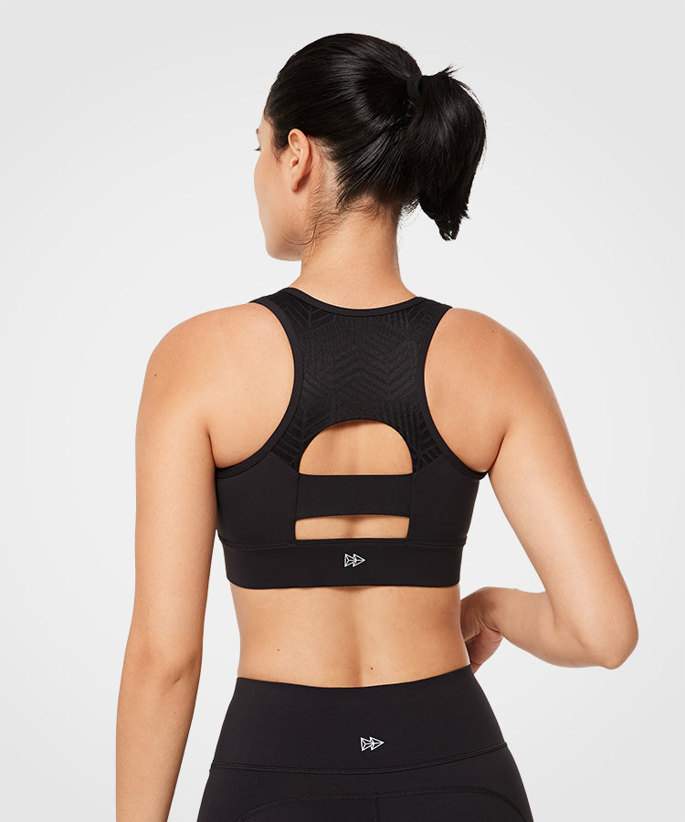 Hollow Back Front Zip Jacquard Padded Running Bra | Women's High Support Sports Bra