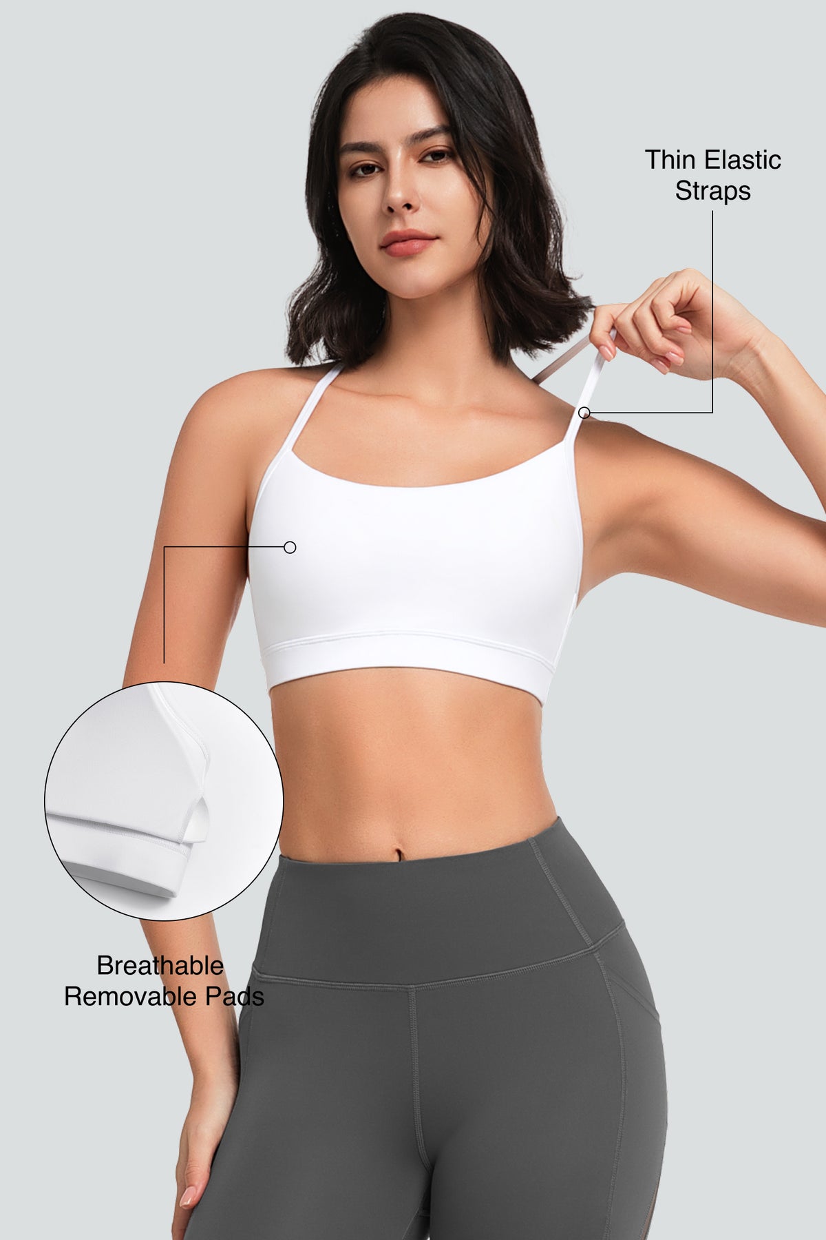 Sujetador de yoga con relleno y tirantes y escote redondo para mujer | Sujetador deportivo de sujeción ligera