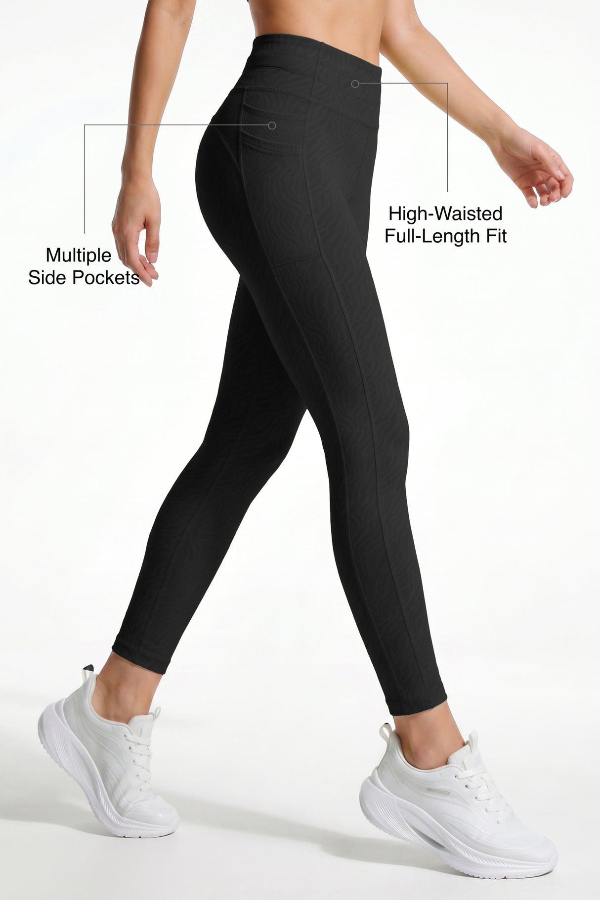 Black Textured High Impact Leggings With Pockets 25inches | High-Impact Support Best For Running, HIIT & Training