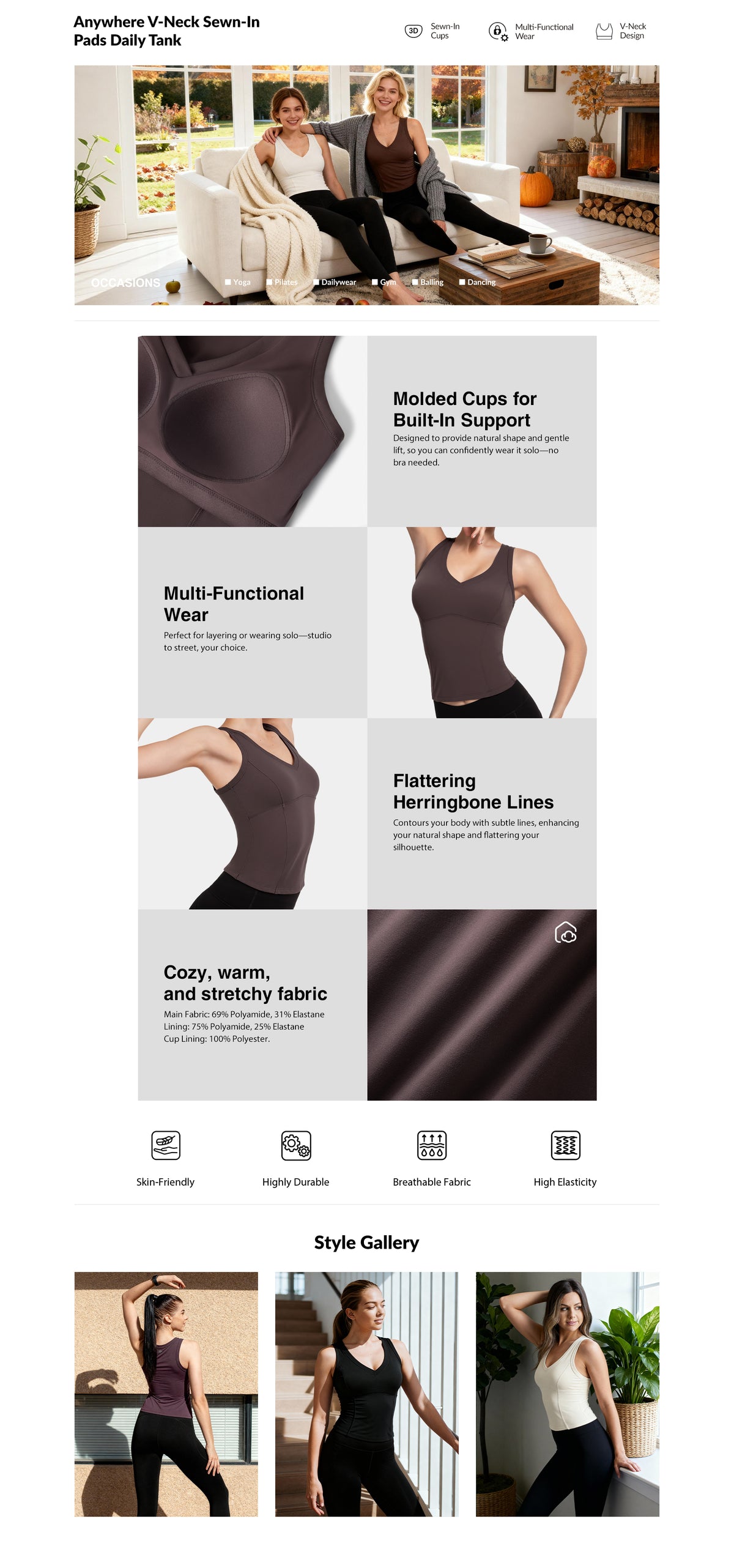 Canotta sportiva da donna Anywhere con scollo a V e coppe cucite | Canotta quotidiana