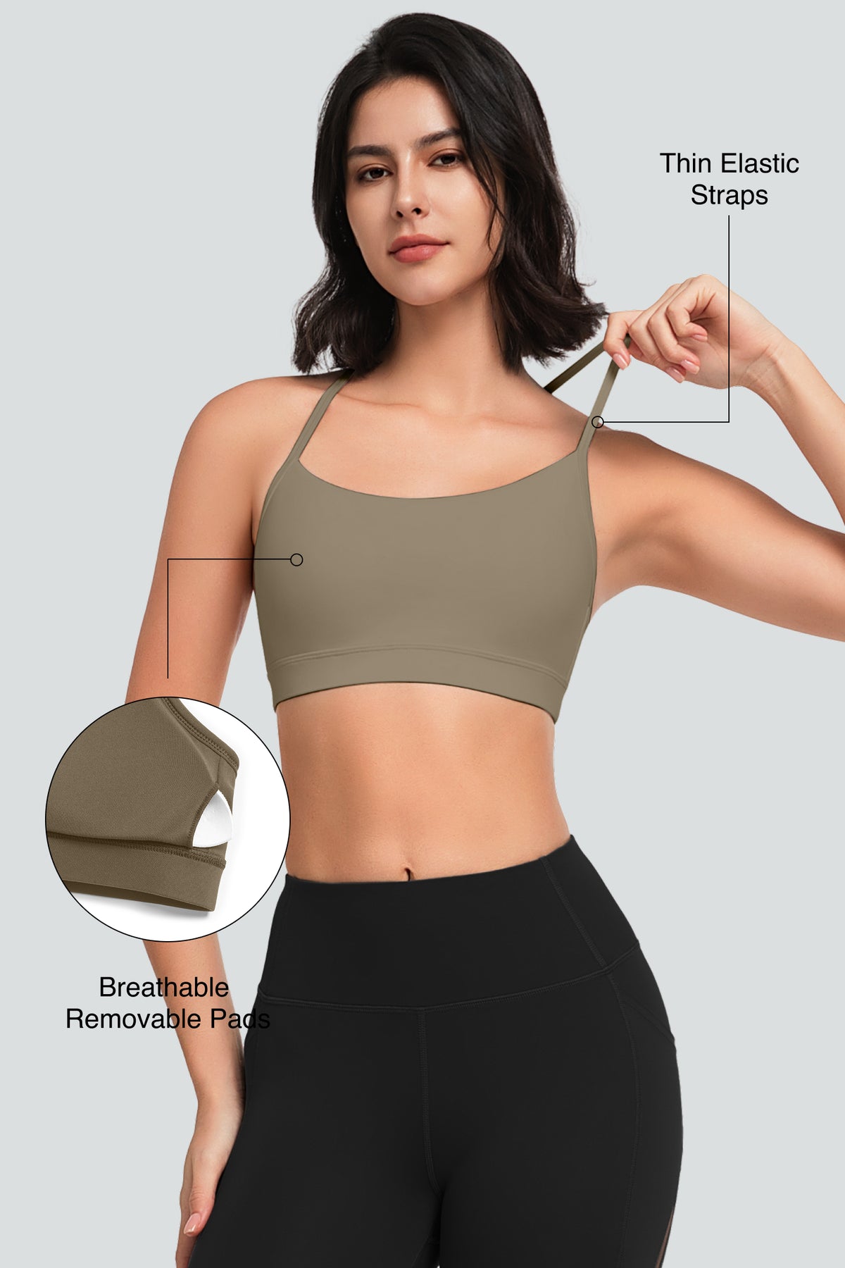 Sujetador de yoga con relleno y tirantes y escote redondo para mujer | Sujetador deportivo de sujeción ligera