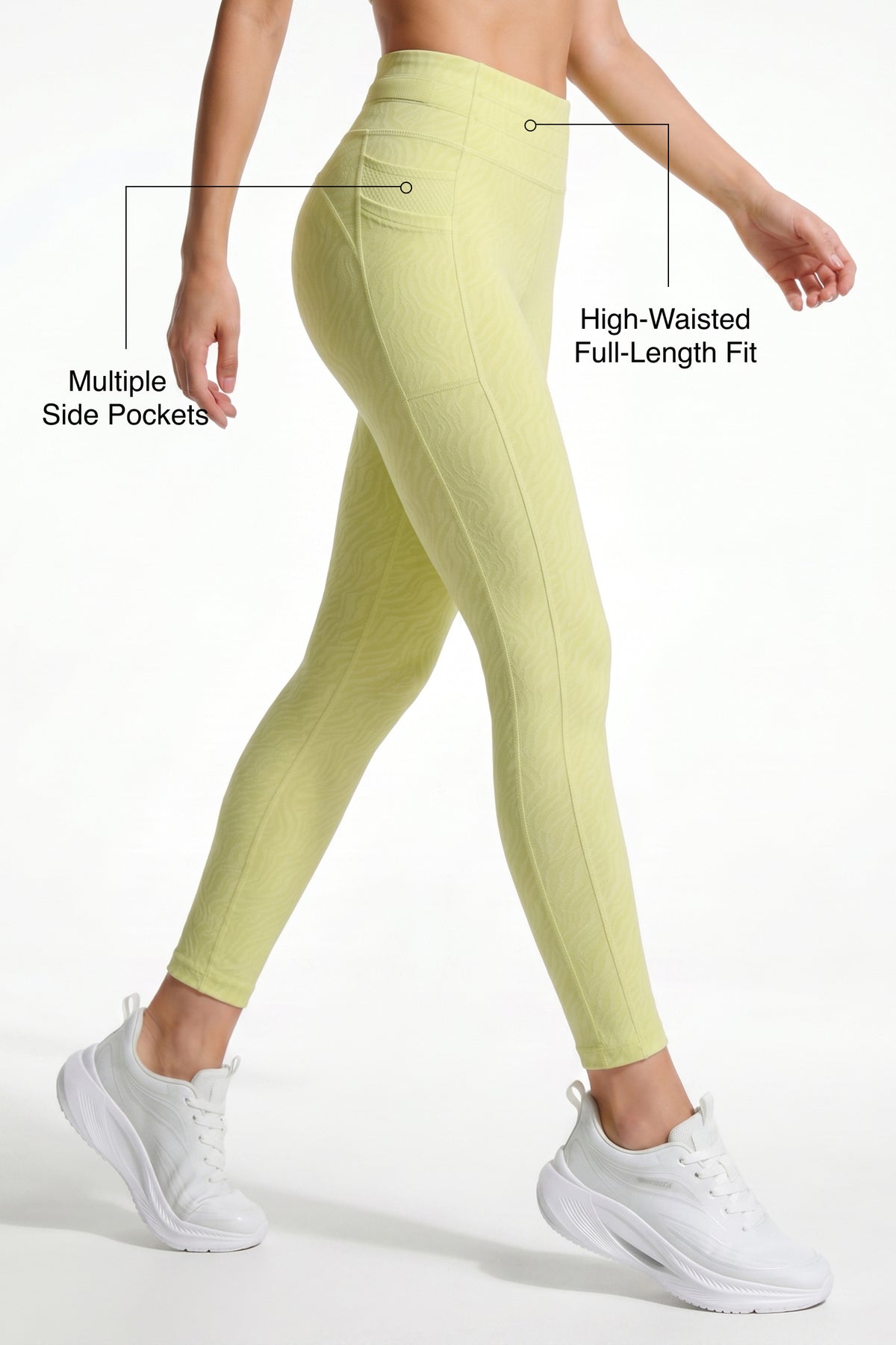 Yellow Textured High Impact Leggings With Pockets 25inches | High-Impact Support Best For Running, HIIT & Training