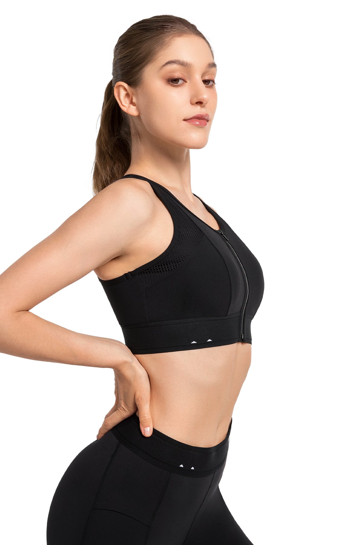 Sujetador deportivo de running con relleno, cremallera frontal y malla con logotipo Echo | Sujetador deportivo de alta sujeción para mujer