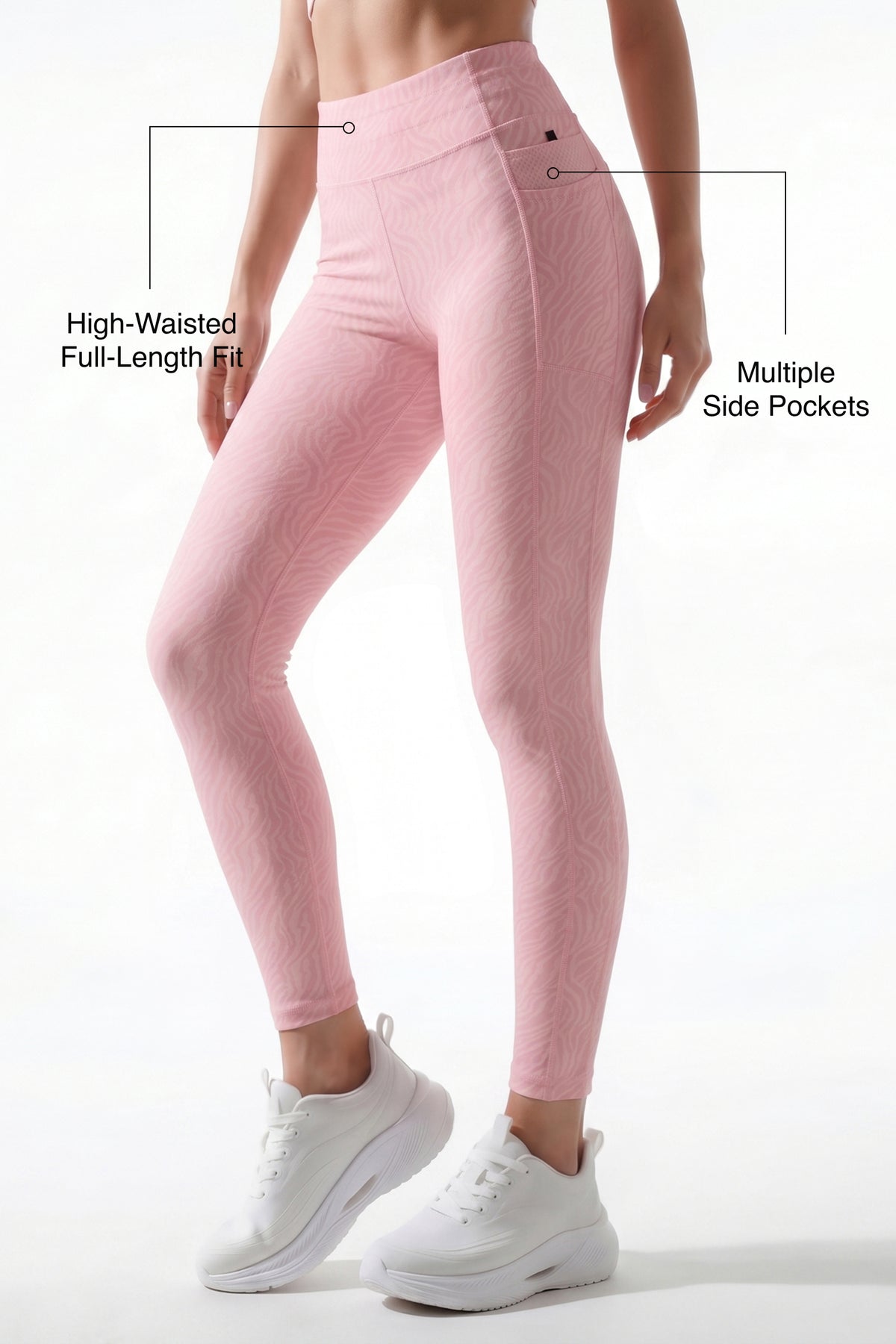Pink Textured High Impact Leggings With Pockets 25 inches | High-Impact Support Best For Running, HIIT & Training