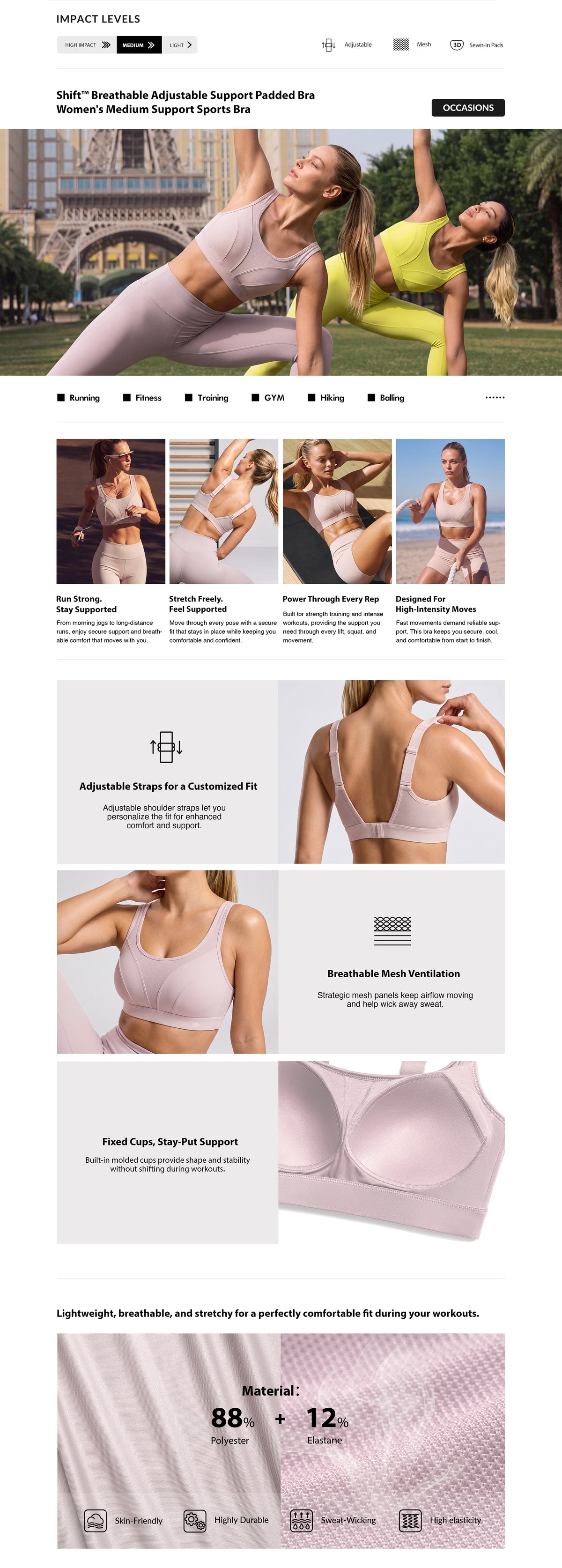 Sujetador deportivo acolchado Power Adjustable Enhance | Sujetador deportivo de sujeción media para mujer