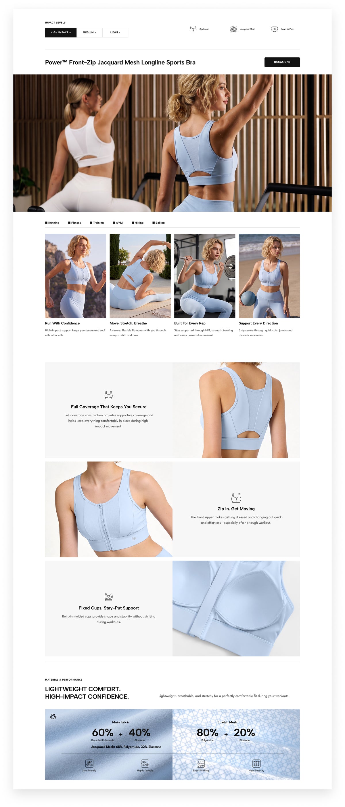 Power™ Front-Zip Jacquard Mesh Longline Sports Bra | High-Impact Support for Running, HIIT & Training