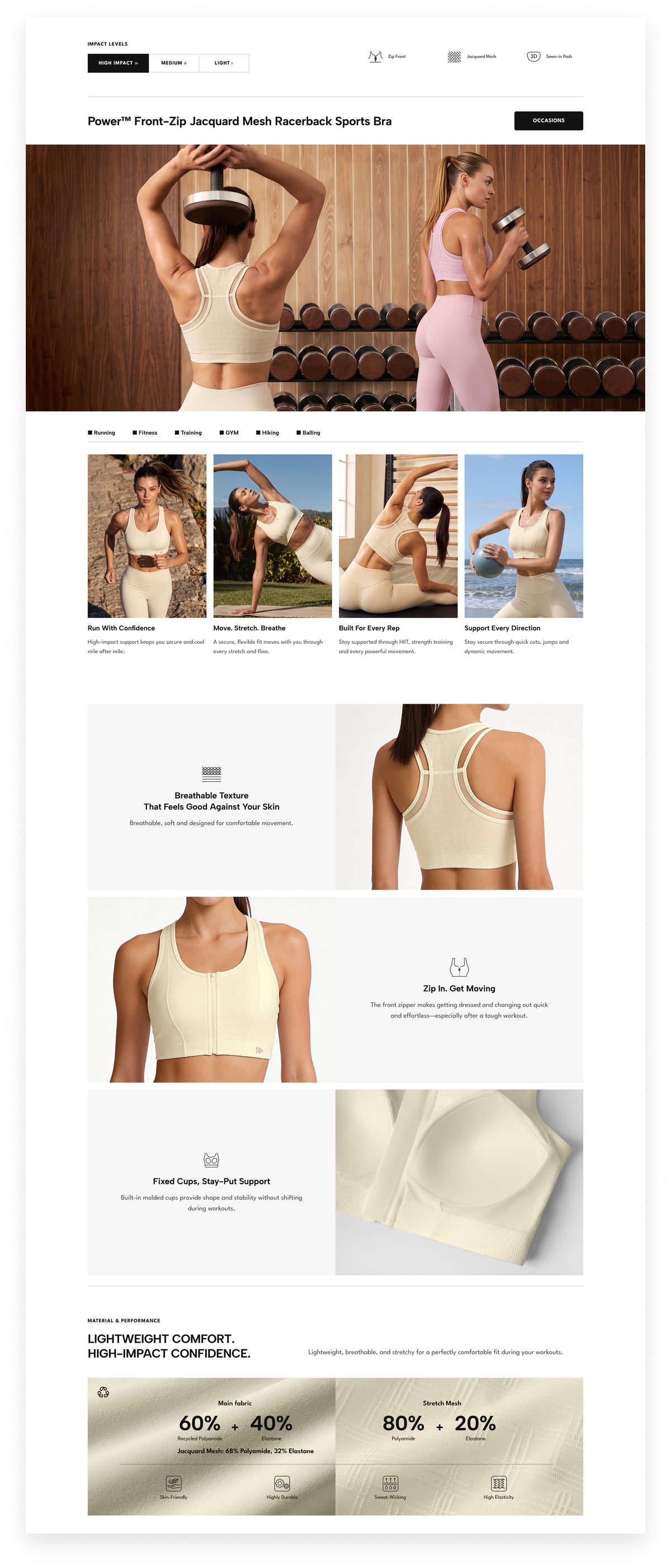 Power™ Front-Zip Jacquard Mesh Racerback Sports Bra | High-Impact Support for Running, HIIT & Training