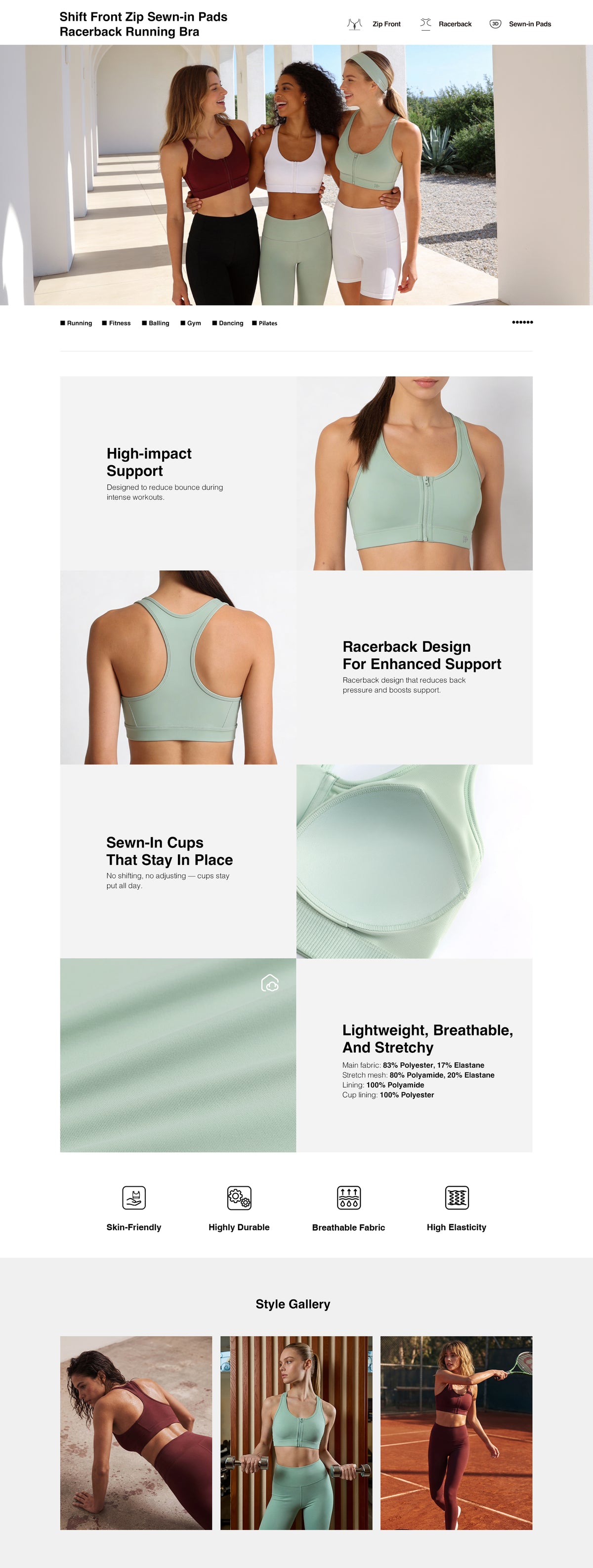 Shift™ Front Zip Sewn-in Pads Racerback Running Bra | Women's High Support Sports Bra