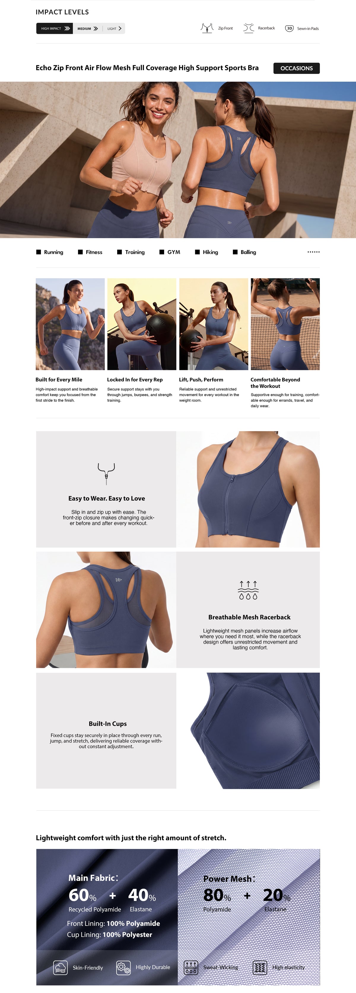 Echo™ Zip-Front Breathable Mesh Full-Coverage Sports Bra | High Support for Running, HIIT & Training