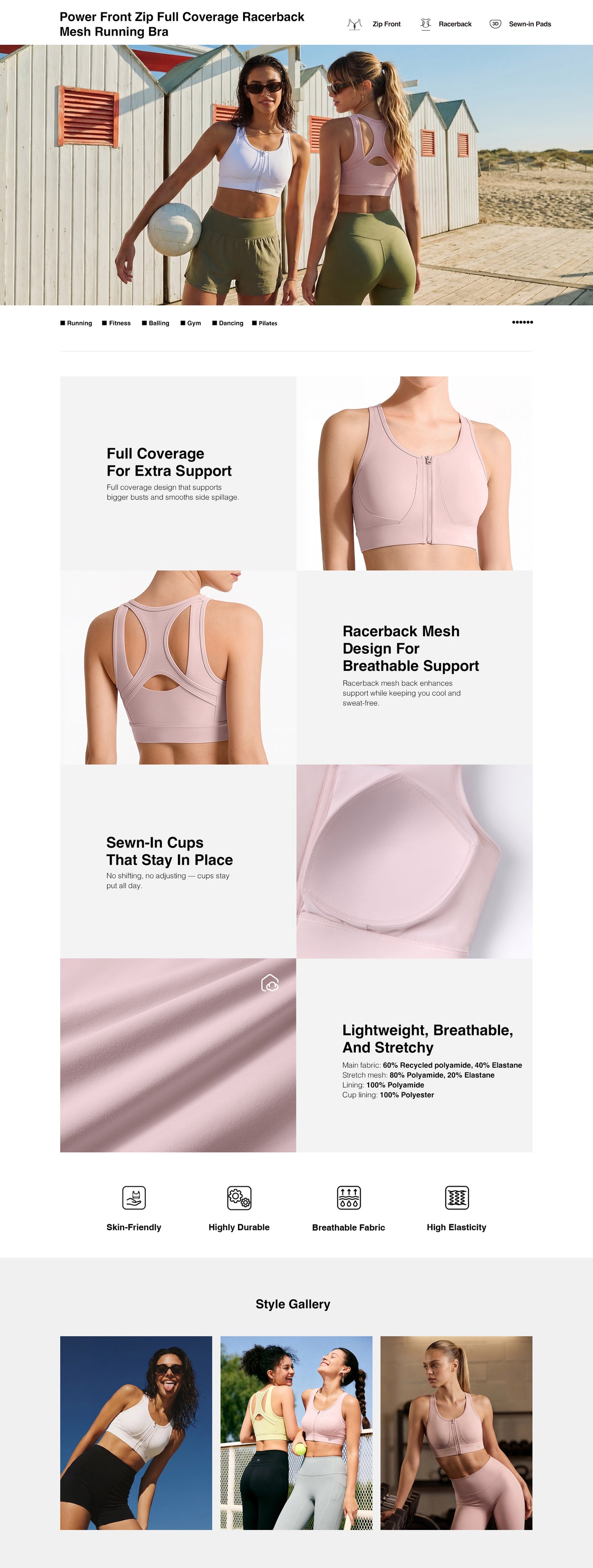 Power™ Front Zip Full Coverage Racerback Mesh Running Bra | Women's High Support Sports Bra
