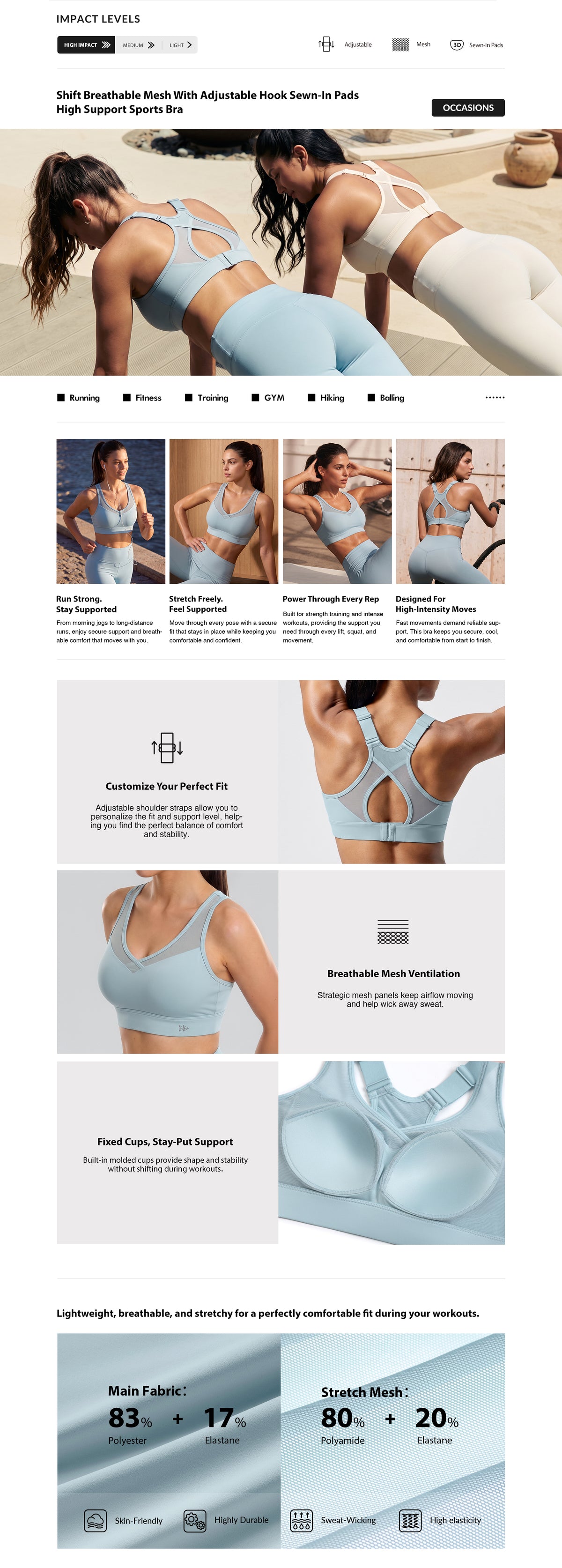 Shift™ Adjustable-Strap Airflow Sports Bra | High Support with Breathable Mesh for Running, HIIT & Training