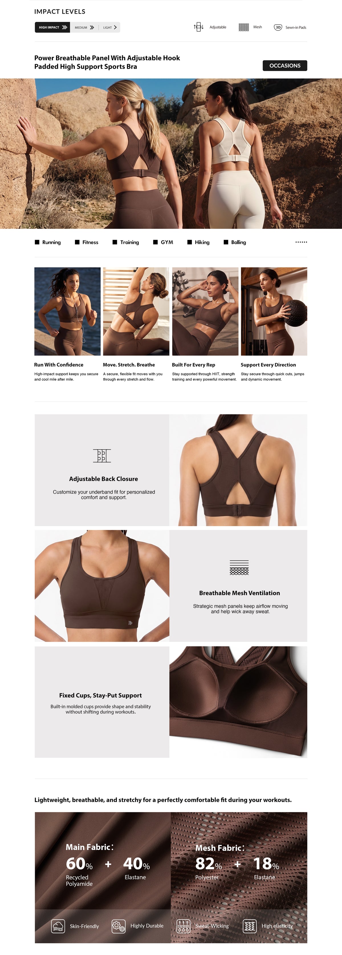 Power™ Breathable Panel With Adjustable Support Sports Bra | High Support for Running, HIIT & Training