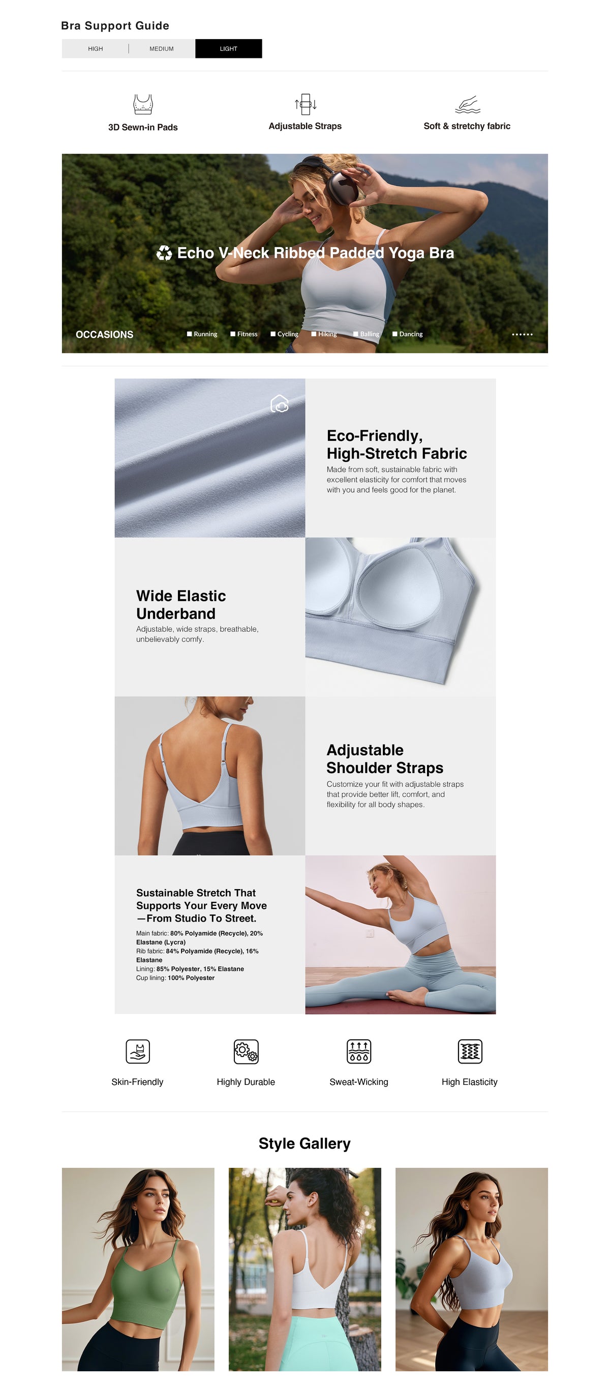 Reggiseno yoga imbottito a coste con scollo a V Echo | Reggiseno sportivo leggero da donna