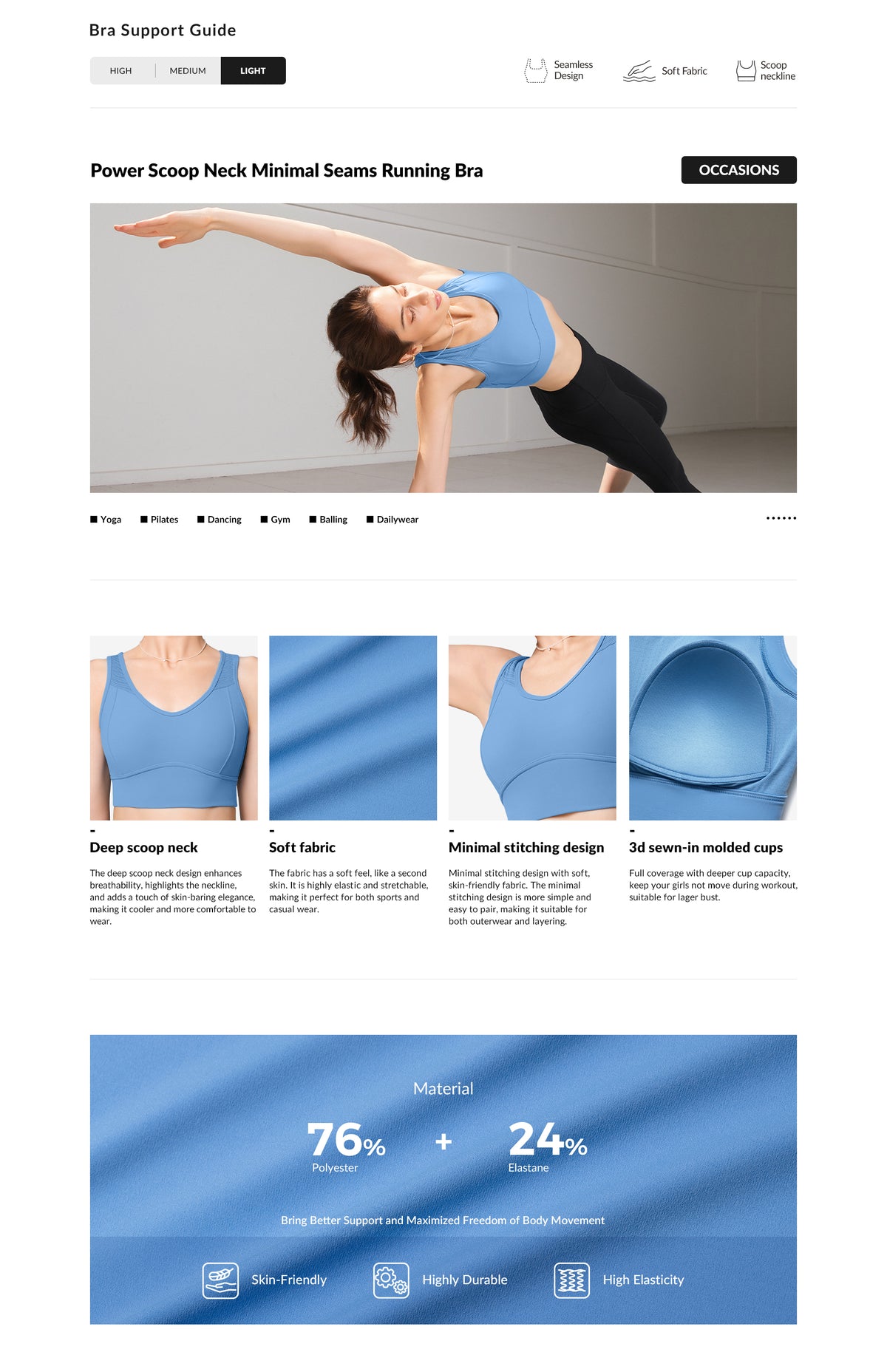 Sujetador deportivo Anywhere con escote redondo y costuras mínimas | Sujetador deportivo de sujeción ligera para mujer