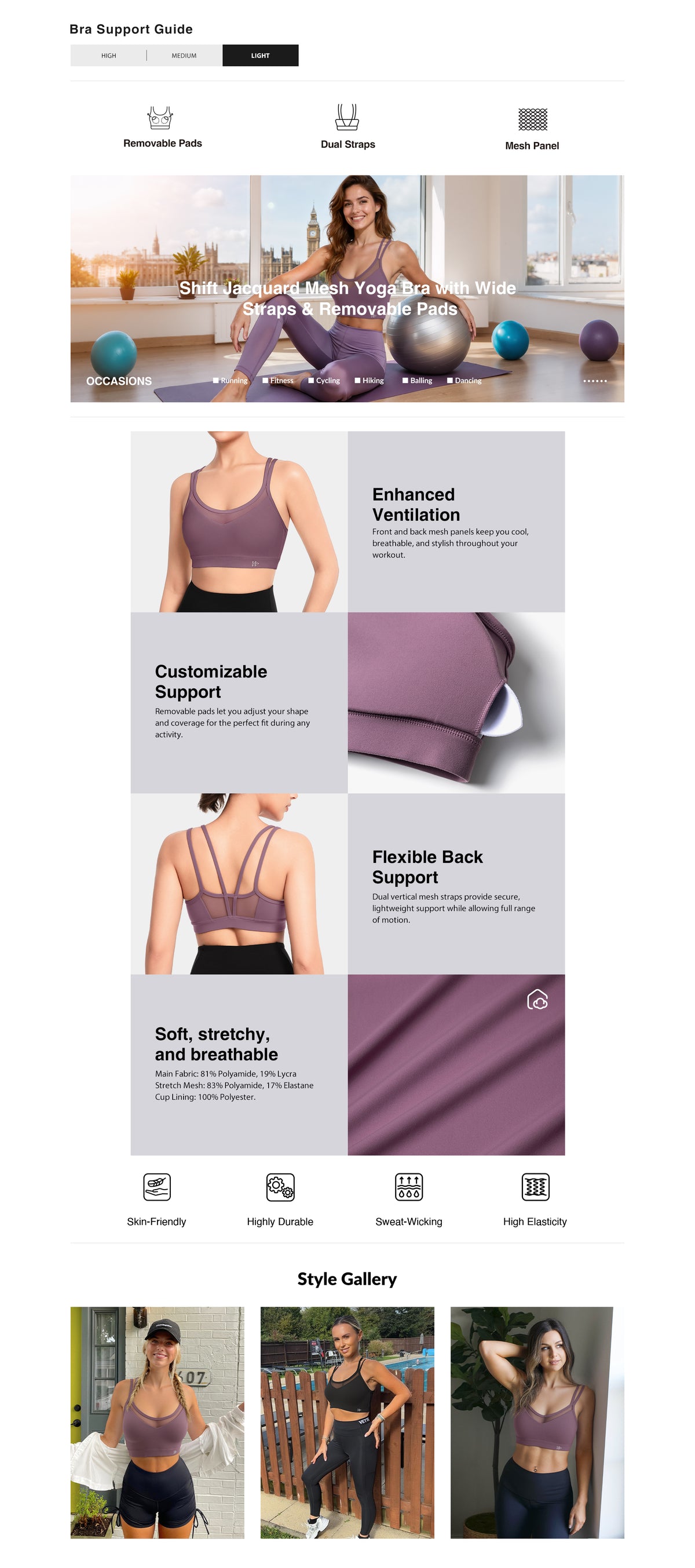 Shift™ Mesh Yoga Bra with Removable Pads & Dual Back Straps| Women's Light Support Sports Bra