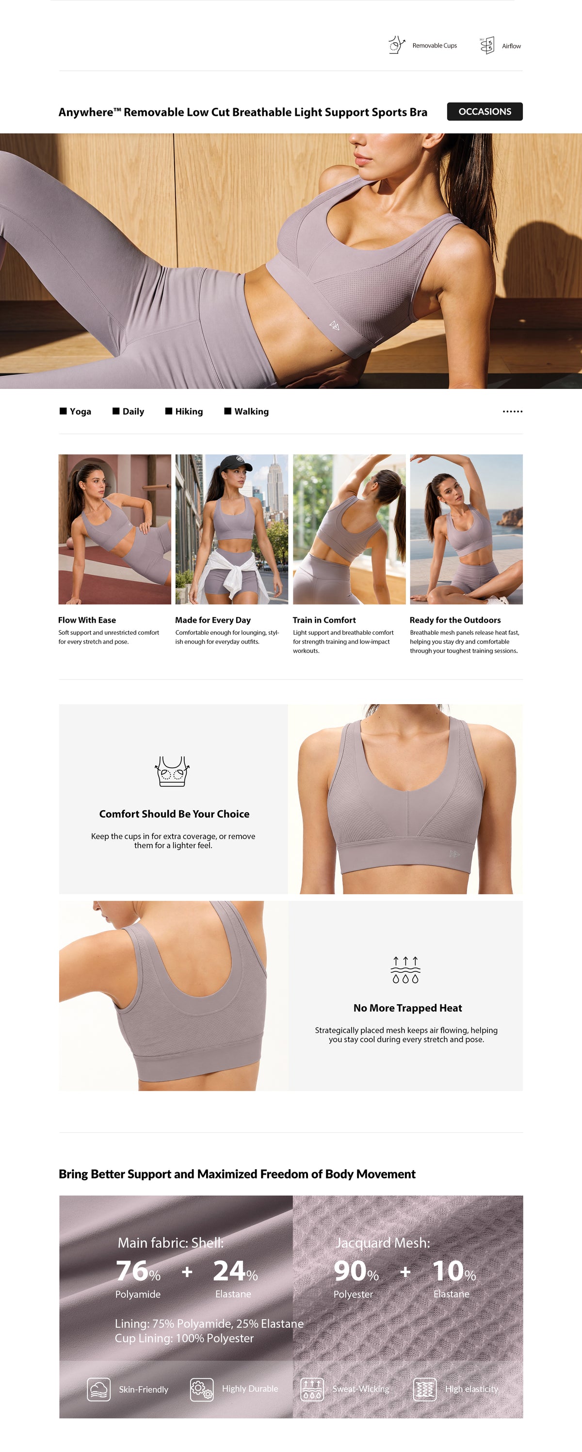 Anywhere™ Removable Low Cut Breathable Light Support Sports Bra | Women's Light Support Sports Bra