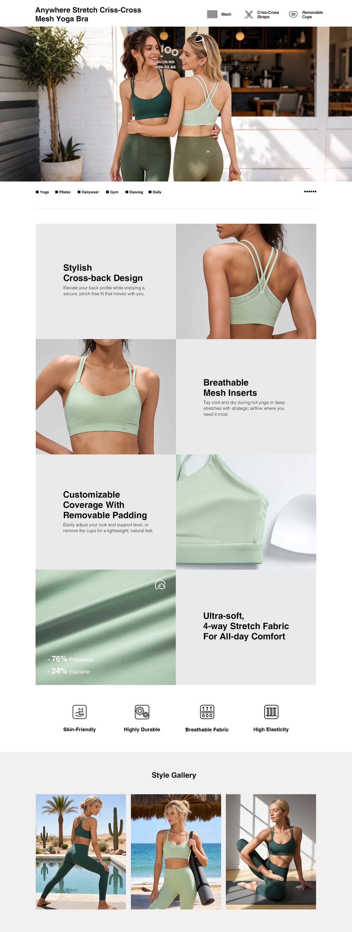 Anywhere™ Stretch Criss-Cross Mesh Yoga Bra| Women's Light Support Sports Bra