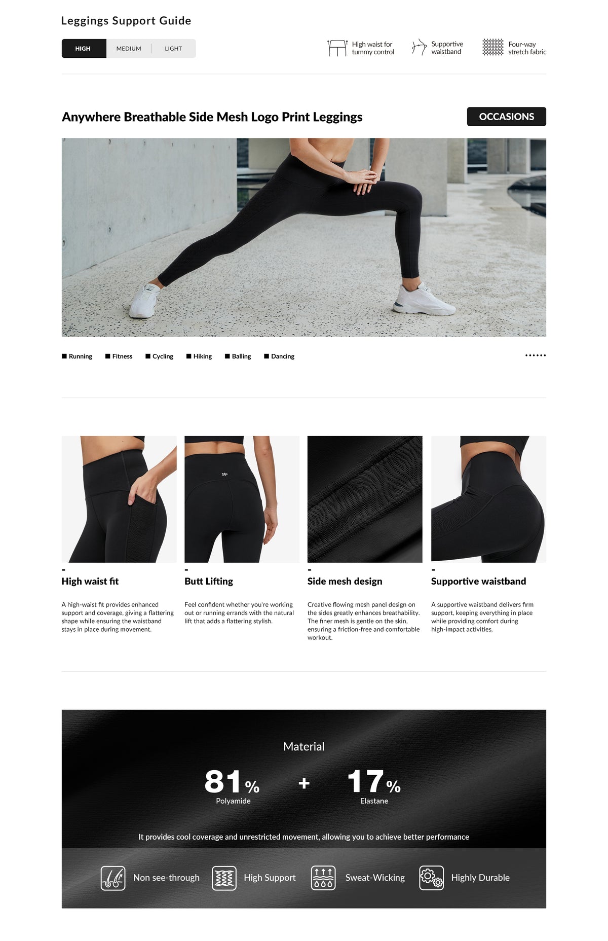 Anywhere Andningsbara Sidomesh Leggings med Logotyptryck, 65 cm | Lätta stödleggings för kvinnor