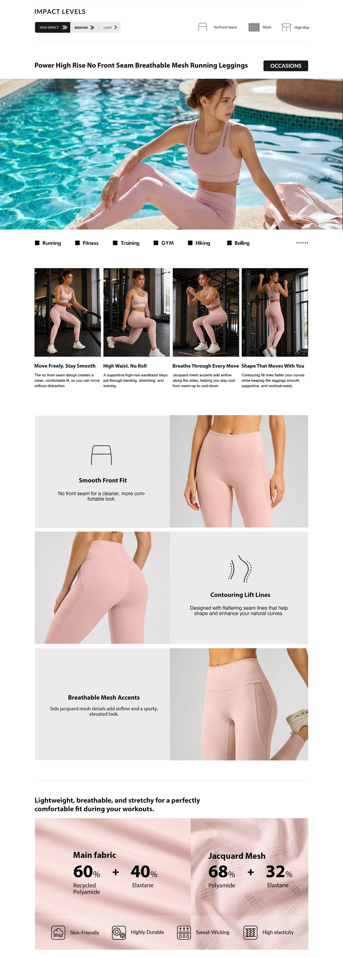 Power™ High Rise No Front Seam Breathable Mesh Running Leggings 25 Inches | Women's High Support Leggings
