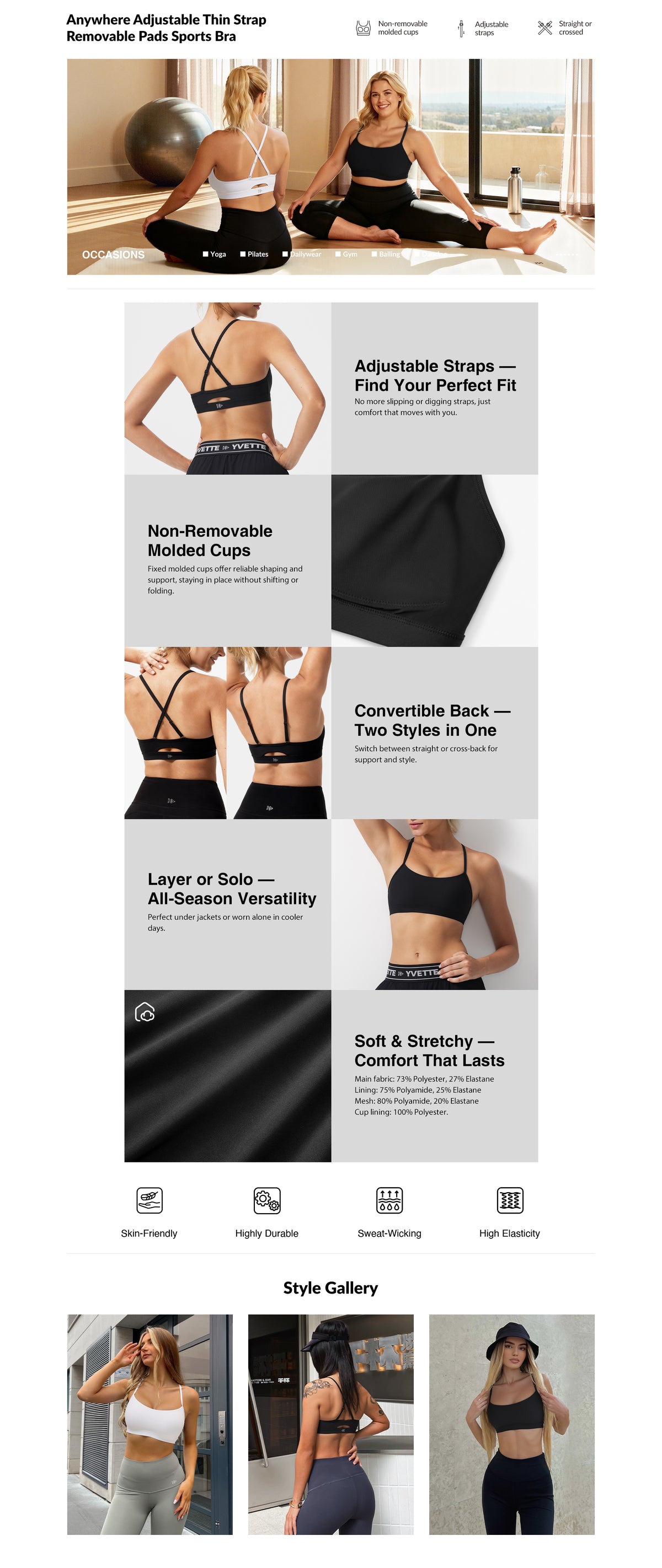 Reggiseno sportivo Anywhere con spalline sottili regolabili e imbottiture rimovibili | Reggiseno sportivo leggero da donna
