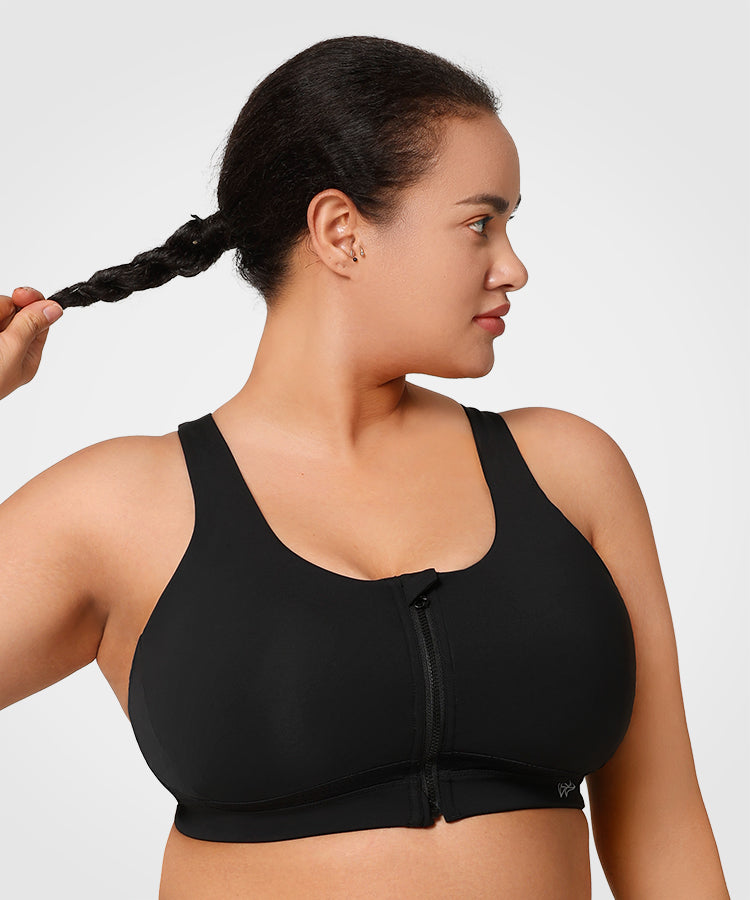 Sujetador para correr con relleno cruzado y cremallera frontal Power | Sujetador deportivo de sujeción alta para mujer (talla grande)
