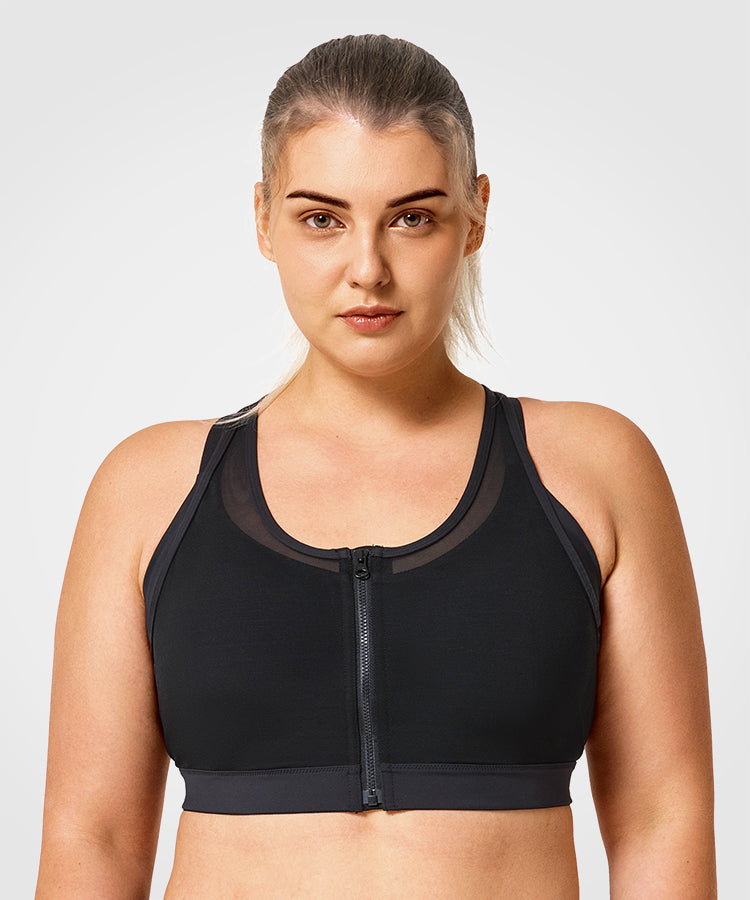 Sujetador para correr con relleno de malla frontal Power Zip | Sujetador deportivo de sujeción alta para mujer (talla grande)